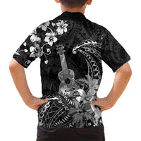Hawaii Ukulele Family Matching Off Shoulder Short Dress and Hawaiian Shirt Polynesian Pattern Mix Hibiscus Black Version LT05