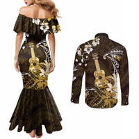 Hawaii Ukulele Couples Matching Mermaid Dress and Long Sleeve Button Shirt Polynesian Pattern Mix Hibiscus Gold Version LT05
