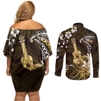 Hawaii Ukulele Couples Matching Off Shoulder Short Dress and Long Sleeve Button Shirt Polynesian Pattern Mix Hibiscus Gold Version LT05 - Polynesian Pride