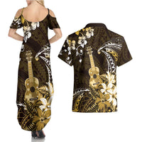 Hawaii Ukulele Couples Matching Summer Maxi Dress and Hawaiian Shirt Polynesian Pattern Mix Hibiscus Gold Version LT05 - Polynesian Pride