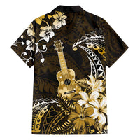 Hawaii Ukulele Family Matching Off The Shoulder Long Sleeve Dress and Hawaiian Shirt Polynesian Pattern Mix Hibiscus Gold Version LT05