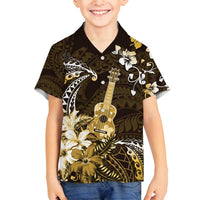 Hawaii Ukulele Family Matching Tank Maxi Dress and Hawaiian Shirt Polynesian Pattern Mix Hibiscus Gold Version LT05