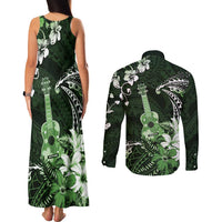 Hawaii Ukulele Couples Matching Tank Maxi Dress and Long Sleeve Button Shirt Polynesian Pattern Mix Hibiscus Green Version LT05 - Polynesian Pride