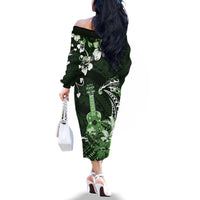 Hawaii Ukulele Family Matching Off The Shoulder Long Sleeve Dress and Hawaiian Shirt Polynesian Pattern Mix Hibiscus Green Version LT05