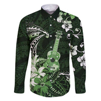 Hawaii Ukulele Family Matching Off Shoulder Maxi Dress and Hawaiian Shirt Polynesian Pattern Mix Hibiscus Green Version LT05