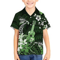 Hawaii Ukulele Kid Hawaiian Shirt Polynesian Pattern Mix Hibiscus Green Version LT05