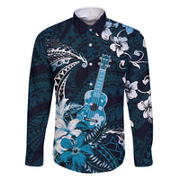 Hawaii Ukulele Family Matching Off The Shoulder Long Sleeve Dress and Hawaiian Shirt Polynesian Pattern Mix Hibiscus Blue Version LT05