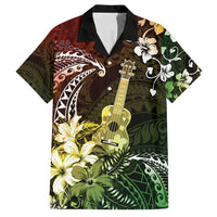 Hawaii Ukulele Family Matching Off Shoulder Short Dress and Hawaiian Shirt Polynesian Pattern Mix Hibiscus Reggae Version LT05