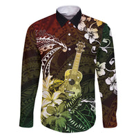 Hawaii Ukulele Family Matching Off Shoulder Short Dress and Hawaiian Shirt Polynesian Pattern Mix Hibiscus Reggae Version LT05