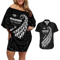 Custom New Zealand Marathon Couples Matching Off Shoulder Short Dress and Hawaiian Shirt Maori Style LT05 Black - Polynesian Pride