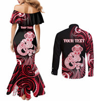 Personalised New Zealand Maori Taniwha Couples Matching Mermaid Dress and Long Sleeve Button Shirt Silver Fern Red Version LT05 - Polynesian Pride