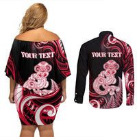 Personalised New Zealand Maori Taniwha Couples Matching Off Shoulder Short Dress and Long Sleeve Button Shirt Silver Fern Red Version LT05 - Polynesian Pride
