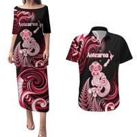Personalised New Zealand Maori Taniwha Couples Matching Puletasi and Hawaiian Shirt Silver Fern Red Version LT05 Red - Polynesian Pride