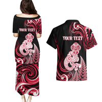 Personalised New Zealand Maori Taniwha Couples Matching Puletasi and Hawaiian Shirt Silver Fern Red Version LT05 - Polynesian Pride