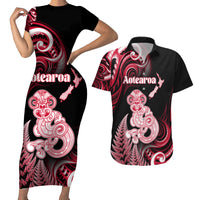 Personalised New Zealand Maori Taniwha Couples Matching Short Sleeve Bodycon Dress and Hawaiian Shirt Silver Fern Red Version LT05 Red - Polynesian Pride