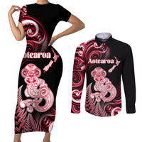Personalised New Zealand Maori Taniwha Couples Matching Short Sleeve Bodycon Dress and Long Sleeve Button Shirt Silver Fern Red Version LT05 Red - Polynesian Pride