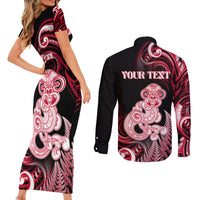 Personalised New Zealand Maori Taniwha Couples Matching Short Sleeve Bodycon Dress and Long Sleeve Button Shirt Silver Fern Red Version LT05 - Polynesian Pride