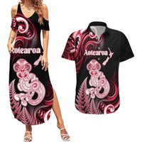 Personalised New Zealand Maori Taniwha Couples Matching Summer Maxi Dress and Hawaiian Shirt Silver Fern Red Version LT05 Red - Polynesian Pride