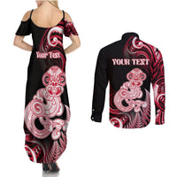 Personalised New Zealand Maori Taniwha Couples Matching Summer Maxi Dress and Long Sleeve Button Shirt Silver Fern Red Version LT05 - Polynesian Pride