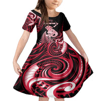 Personalised New Zealand Maori Taniwha Family Matching Mermaid Dress and Hawaiian Shirt Silver Fern Red Version LT05 Daughter's Dress Red - Polynesian Pride