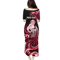 Personalised New Zealand Maori Taniwha Family Matching Puletasi and Hawaiian Shirt Silver Fern Red Version LT05 - Polynesian Pride