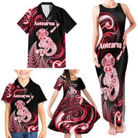 Personalised New Zealand Maori Taniwha Family Matching Tank Maxi Dress and Hawaiian Shirt Silver Fern Red Version LT05 - Polynesian Pride