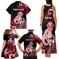Personalised New Zealand Maori Taniwha Family Matching Tank Maxi Dress and Hawaiian Shirt Silver Fern Red Version LT05 - Polynesian Pride