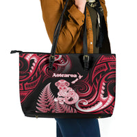 New Zealand Maori Taniwha Leather Tote Bag Silver Fern Red Version