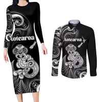 Personalised New Zealand Maori Taniwha Couples Matching Long Sleeve Bodycon Dress and Long Sleeve Button Shirt Silver Fern Black Version LT05 Black - Polynesian Pride