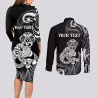 Personalised New Zealand Maori Taniwha Couples Matching Long Sleeve Bodycon Dress and Long Sleeve Button Shirt Silver Fern Black Version LT05 - Polynesian Pride
