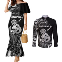 Personalised New Zealand Maori Taniwha Couples Matching Mermaid Dress and Long Sleeve Button Shirt Silver Fern Black Version LT05 Black - Polynesian Pride
