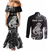 Personalised New Zealand Maori Taniwha Couples Matching Mermaid Dress and Long Sleeve Button Shirt Silver Fern Black Version LT05 - Polynesian Pride
