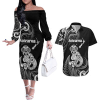 Personalised New Zealand Maori Taniwha Couples Matching Off The Shoulder Long Sleeve Dress and Hawaiian Shirt Silver Fern Black Version LT05 Black - Polynesian Pride
