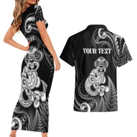 Personalised New Zealand Maori Taniwha Couples Matching Short Sleeve Bodycon Dress and Hawaiian Shirt Silver Fern Black Version LT05 - Polynesian Pride
