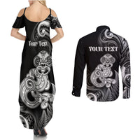Personalised New Zealand Maori Taniwha Couples Matching Summer Maxi Dress and Long Sleeve Button Shirt Silver Fern Black Version LT05 - Polynesian Pride