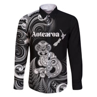 Personalised New Zealand Maori Taniwha Family Matching Long Sleeve Bodycon Dress and Hawaiian Shirt Silver Fern Black Version LT05 Dad's Shirt - Long Sleeve Black - Polynesian Pride