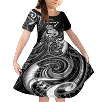 Personalised New Zealand Maori Taniwha Family Matching Summer Maxi Dress and Hawaiian Shirt Silver Fern Black Version LT05 Daughter's Dress Black - Polynesian Pride