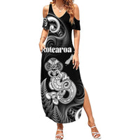 Personalised New Zealand Maori Taniwha Family Matching Summer Maxi Dress and Hawaiian Shirt Silver Fern Black Version LT05 Mom's Dress Black - Polynesian Pride