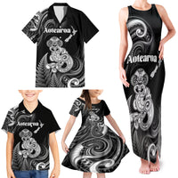 Personalised New Zealand Maori Taniwha Family Matching Tank Maxi Dress and Hawaiian Shirt Silver Fern Black Version LT05 - Polynesian Pride