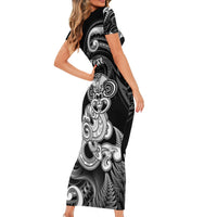 Personalised New Zealand Maori Taniwha Short Sleeve Bodycon Dress Silver Fern Black Version LT05 - Polynesian Pride