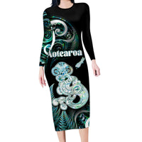 Personalised New Zealand Maori Taniwha Family Matching Long Sleeve Bodycon Dress and Hawaiian Shirt Silver Fern Paua Shell Version LT05 Mom's Dress Turquoise - Polynesian Pride
