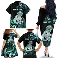 Personalised New Zealand Maori Taniwha Family Matching Off The Shoulder Long Sleeve Dress and Hawaiian Shirt Silver Fern Paua Shell Version LT05 - Polynesian Pride