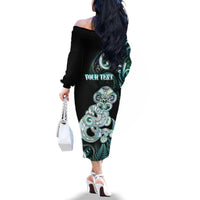 Personalised New Zealand Maori Taniwha Family Matching Off The Shoulder Long Sleeve Dress and Hawaiian Shirt Silver Fern Paua Shell Version LT05 - Polynesian Pride