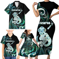 Personalised New Zealand Maori Taniwha Family Matching Short Sleeve Bodycon Dress and Hawaiian Shirt Silver Fern Paua Shell Version LT05 - Polynesian Pride
