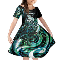 Personalised New Zealand Maori Taniwha Family Matching Summer Maxi Dress and Hawaiian Shirt Silver Fern Paua Shell Version LT05 Daughter's Dress Turquoise - Polynesian Pride