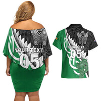 New Zealand And Ireland Rugby Custom Couples Matching Off Shoulder Short Dress and Hawaiian Shirt Silver Fern With Celtic Cross LT05 - Polynesian Pride