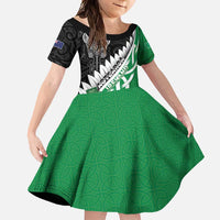 New Zealand And Ireland Rugby Custom Family Matching Long Sleeve Bodycon Dress and Hawaiian Shirt Silver Fern With Celtic Cross LT05 Daughter's Dress Green - Polynesian Pride