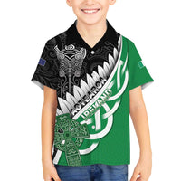 New Zealand And Ireland Rugby Custom Family Matching Off The Shoulder Long Sleeve Dress and Hawaiian Shirt Silver Fern With Celtic Cross