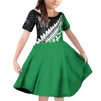 New Zealand And Ireland Rugby Custom Family Matching Off Shoulder Short Dress and Hawaiian Shirt Silver Fern With Celtic Cross LT05 Daughter's Dress Green - Polynesian Pride