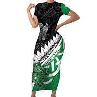 New Zealand And Ireland Rugby Custom Short Sleeve Bodycon Dress Silver Fern With Celtic Cross LT05 Long Dress Green - Polynesian Pride